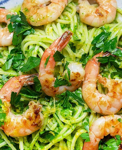 Arugula Pesto Pasta With Shrimp