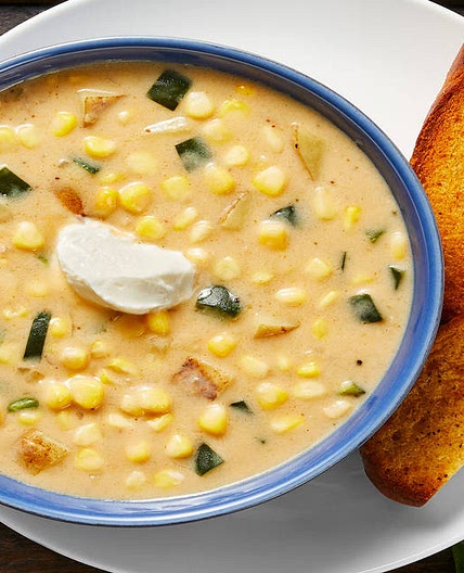 Sweet Corn & Poblano Chowder with Old Bay Toast