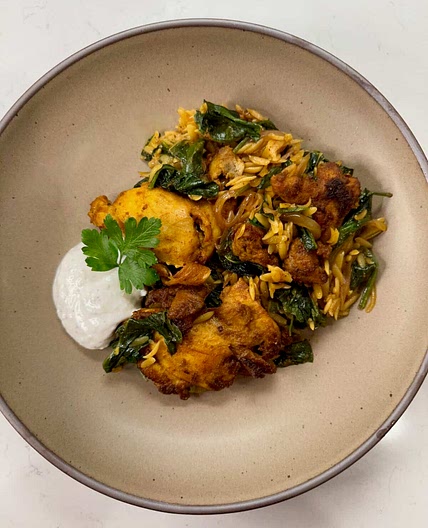 Chicken Shawarma Orzo with Yogurt Sauce