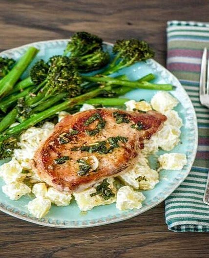 Sage-Butter Pork Chops with Roasted Broccolini and Citrusy Potato Salad