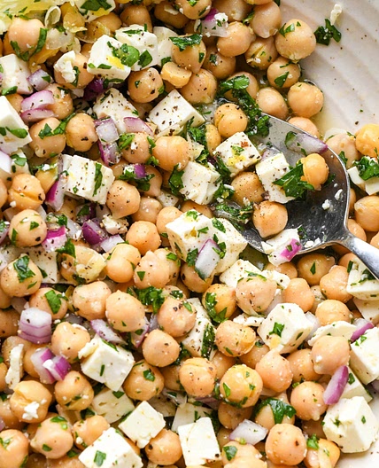 Lemony Chickpea Feta Salad {Gluten Free + Vegan Option}
