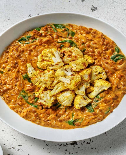 North Indian Style Cauliflower & Lentil Dal with Caramelised Onion and Spinach
