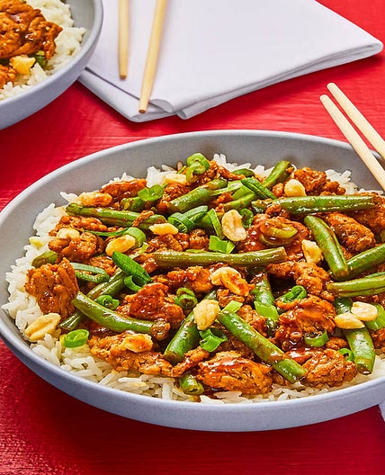 Szechuan Pork & Green Bean Stir-Fry with Candied Peanuts & Jasmine Rice