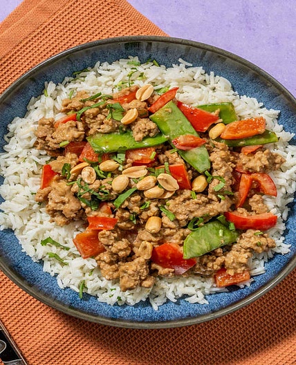 Peanutty Ground Chicken Stir-Fry with Snow Peas and Peppers