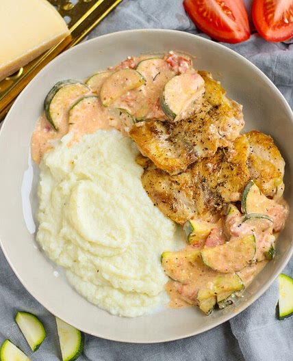 Seared Chicken Thighs with Creamy Zucchini and Cauliflower Purée