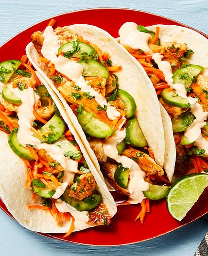 Banh-Mi-Style Chicken Tacos with Pickled Cucumber & Sriracha Mayo
