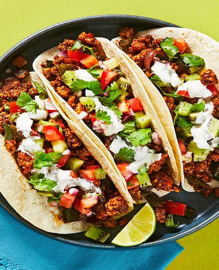 Pork and Poblano Tacos with Kiwi Salsa and Lime Crema