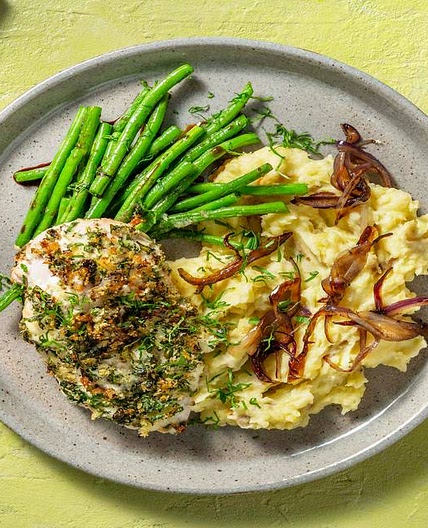 Herby Chicken with Red Onion Mash and Garlicky Beans
