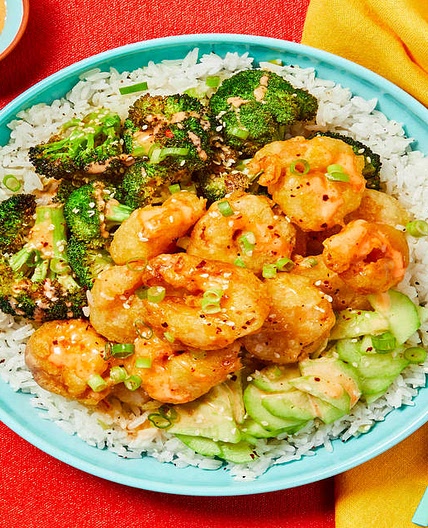 Sweet Heat Shrimp Tempura Bowls with Sesame-Roasted Broccoli & Quick Pickles