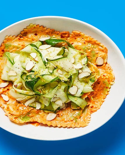 Spinach Ricotta Stuffed Ravioli with Garlic Tomato Cream Sauce & Spicy Lemon Zucchini Ribbons