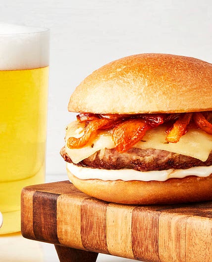 Gouda Pork Burgers with Caramelized Sriracha Onion & Smoky Roasted Broccoli