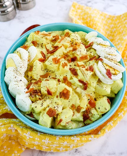Deviled Egg Potato Salad with Bacon and Mustard Dressing