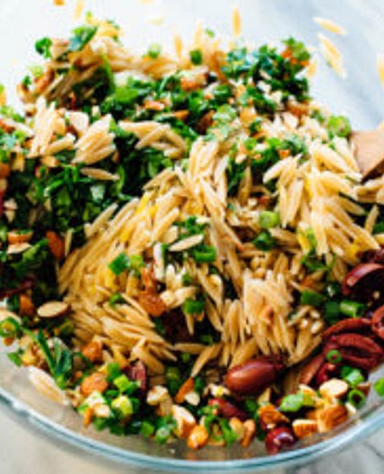 Orange Orzo Salad with Almonds, Feta and Olives