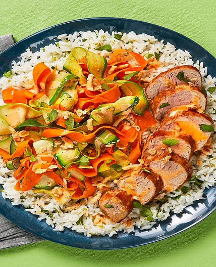 Sweet Chili Pork Tenderloin Rice Bowls with Veggie Ribbons, Cilantro & Crispy Onions