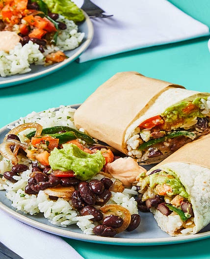 Black Bean & Poblano Burritos with Monterey Jack, Pico de Gallo, Cilantro Lime Rice & Guacamole