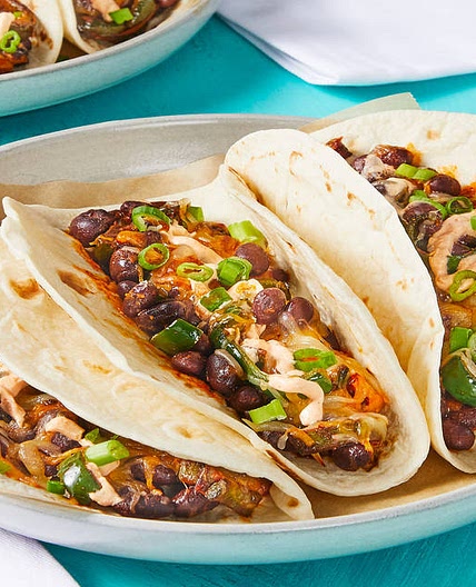 Cheesy Black Bean Tacos with Poblano & Smoky Red Pepper Crema