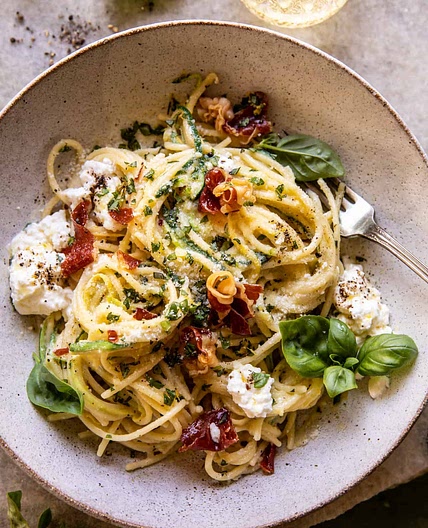 Zucchini Carbonara with Crispy Prosciutto and Burrata