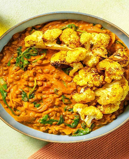 North Indian Style Cauliflower & Lentil Dal with Caramelised Onion and Spinach