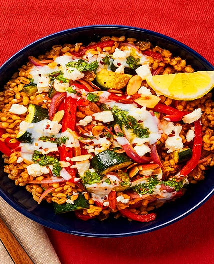 Spicy Harissa Veggie Barley Bowls with Zucchini, Golden Raisins, Chermoula & Lemon Yogurt
