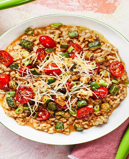 Basil-Oil-Topped Parmesan Risotto with Balsamic Tomatoes and Zucchini