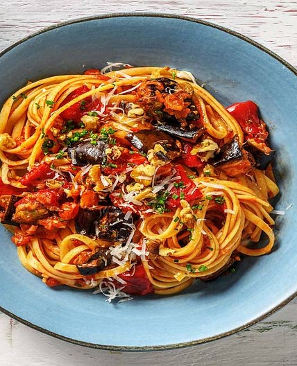 Roasted Pepper and Aubergine Linguine with Walnuts and Chives