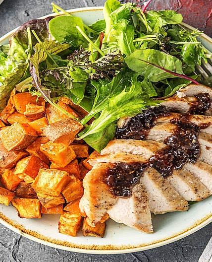 Balsamic Fig Chicken with Sweet Potatoes and Mixed Greens