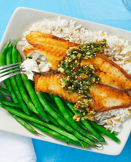 Tilapia with Scallion Sriracha Pesto over Ginger Rice with Green Beans
