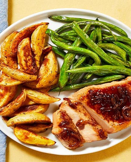 Cherry Balsamic Pork Chops with Green Beans & Thyme-Roasted Potatoes