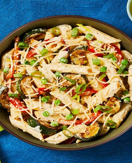 Pasta Primavera with Lemon Parm Sauce, Bell Pepper, Zucchini & Peas
