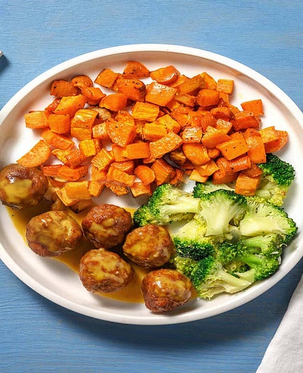 Savoury Pork Meatballs in Dijon Gravy with Carrots and Sweet Potatoes