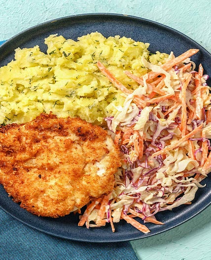 Chicken Schnitzel Plates with Dill-Garlic Smashed Potatoes and Apple Slaw