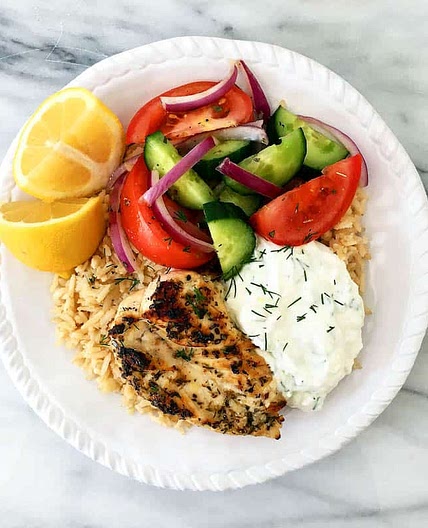 Greek Chicken Rice Bowl with Tzatziki and Salad