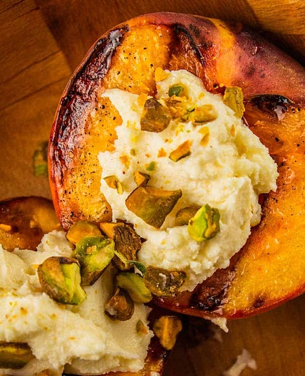 Honey-Grilled Peaches with Mascarpone and Pistachios