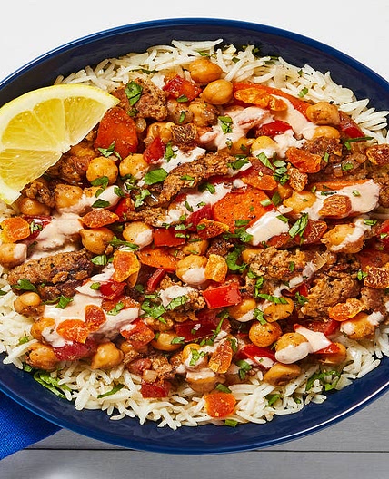 Moroccan Chicken Sausage Tagine with Dried Apricots & Chickpeas over Basmati Rice