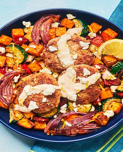 Turkey Patties with Smoky Lemon Crema over a Bed of Roasted Veg