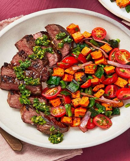 Argentine Chimichurri Steak with a Sweet Potato, Poblano, and Tomato Jumble