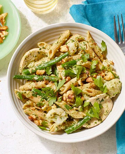 Chicken & Vegetable Penne with Parsley-Walnut Pesto