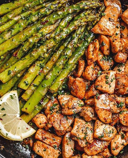 Garlic Butter Chicken Bites with Lemon Asparagus