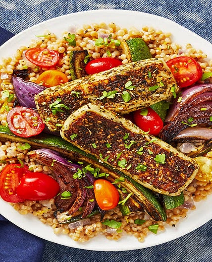 Za’atar-Crusted Grilling Cheese with Sumac Roasted Veggies over Couscous