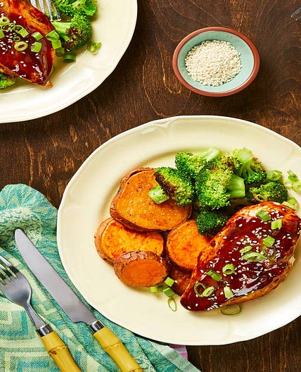 Sriracha Cha-Cha Chicken with Hoisin, Roasted Sweet Potatoes, and Broccoli