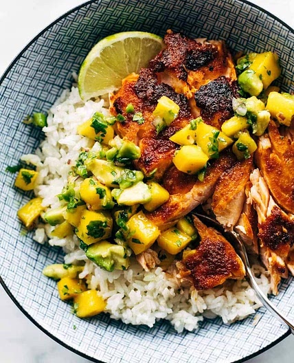 BBQ Salmon Bowls with Mango Avocado Salsa