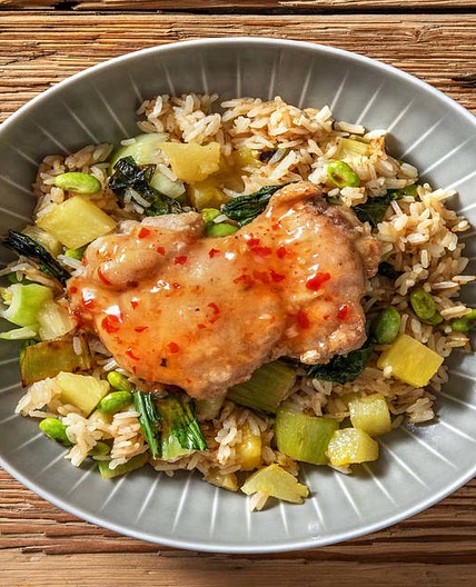 Sweet and Sour Chicken Bowl with Jasmine Rice and Pineapple Stir-Fry