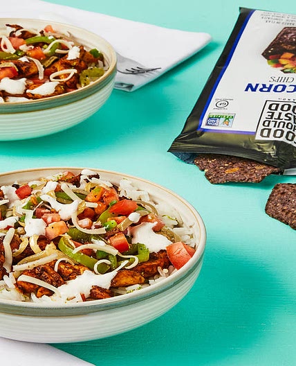 Chicken Fajita Bowls with Blue Corn Tortilla Chips, Pico de Gallo & Chili Lime Crema