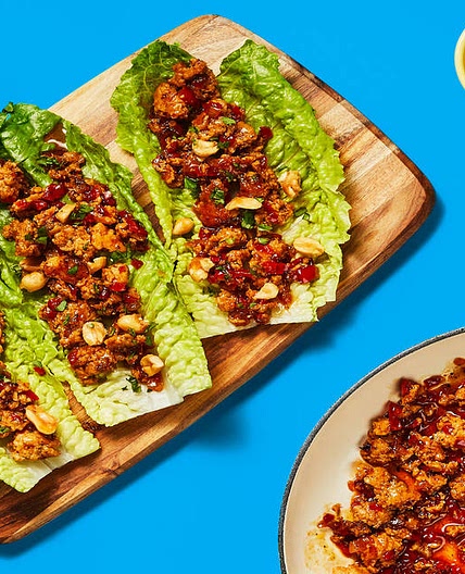 One-Pan Sweet Chili Turkey Lettuce Wraps with Bell Pepper & Candied Peanuts