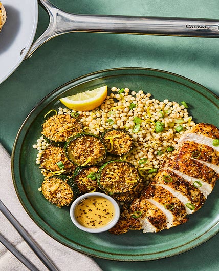 Creamy Lemon Butter Chicken with Parmesan Zucchini Rounds & Scallion Couscous