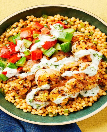 Lemony Shrimp & Couscous Bowls with Cucumber-Tomato Salad & Creamy Yogurt Sauce