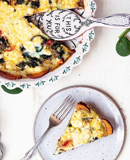 Spinach & Goat Cheese Quiche with Sweet Potato Crust