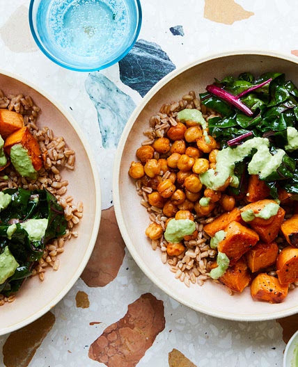 Grain Bowl With Roasted Sweet Potatoes, Spiced Chickpeas, and Chard