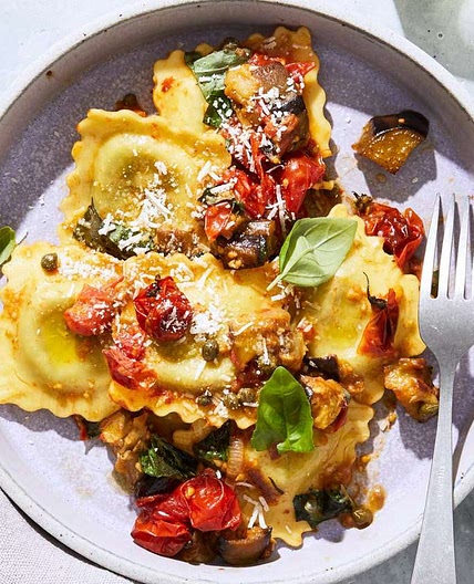 Ravioli with Roasted Eggplant, Tomatoes, and Capers