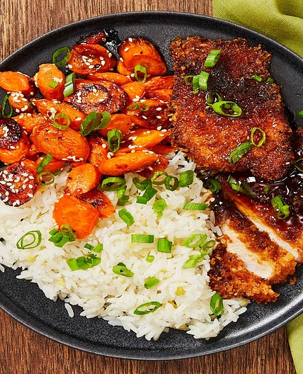 Pork Katsu with Sesame Roasted Carrots & Ginger Rice